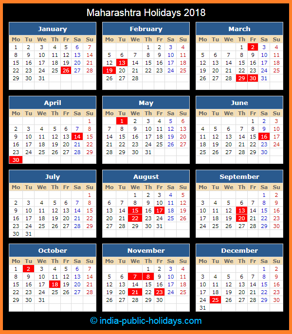 Maharashtra Holiday Calendar 2018